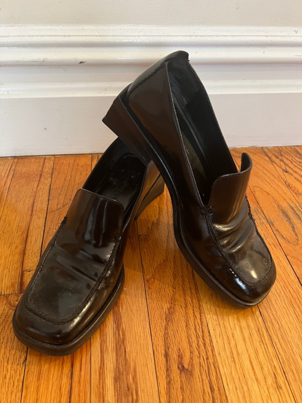 Cole Haan Black Square Toe Minimal & Classic Leather Loafer with Block Heel